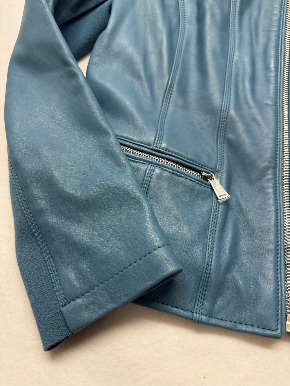 Neiman Marcus Exclusive Women's Blue Leather Zip-Front Jacket - Picture 4 of 14